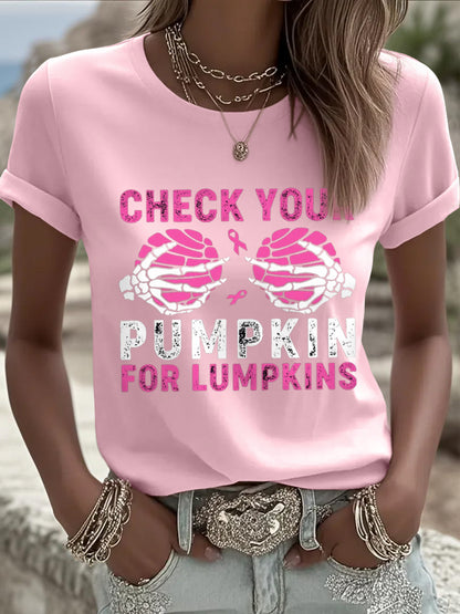 Mulheres Verifique suas abóboras para lumpkins Halloween mama câncer consciência Tee