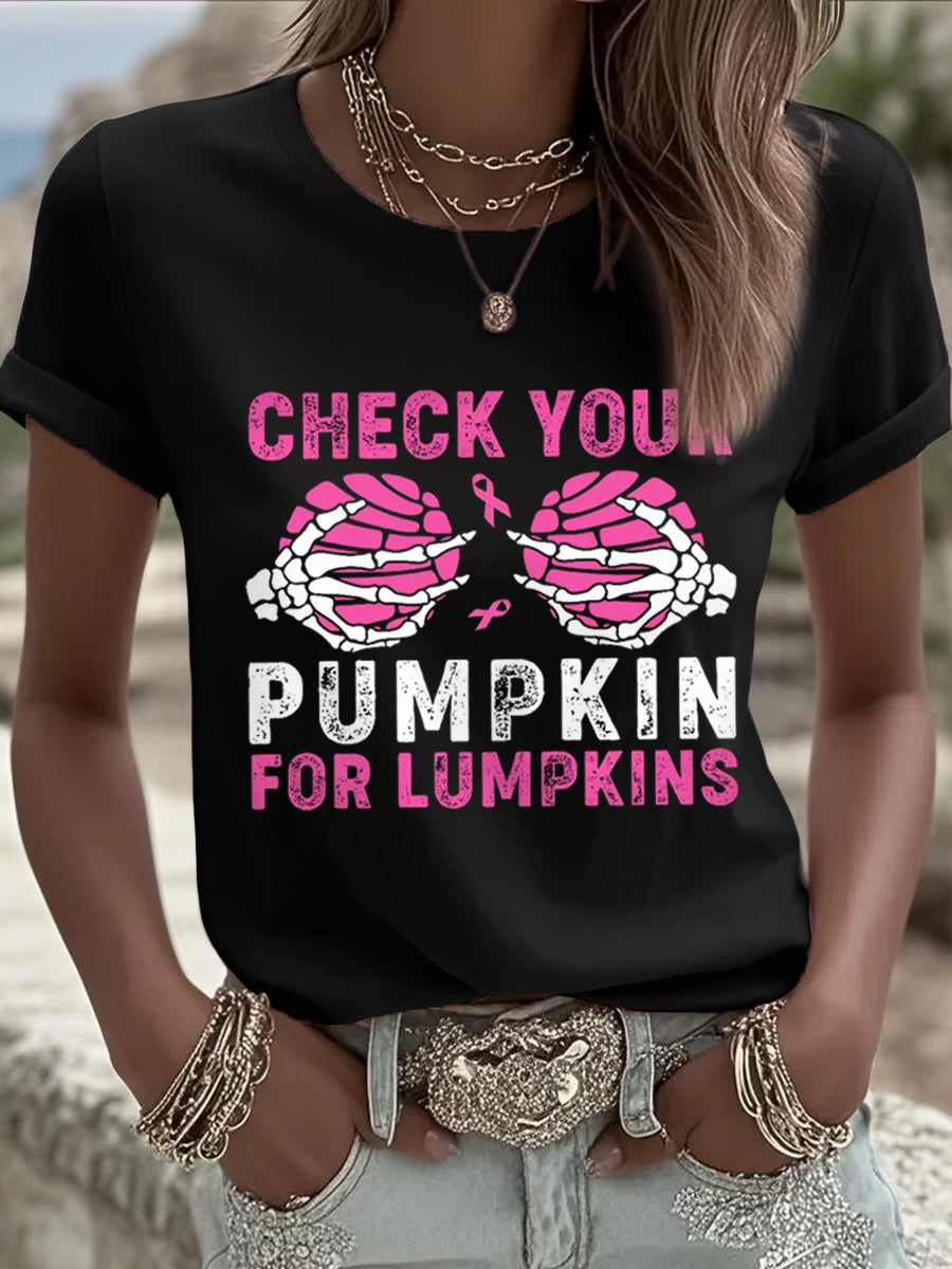Mulheres Verifique suas abóboras para lumpkins Halloween mama câncer consciência Tee