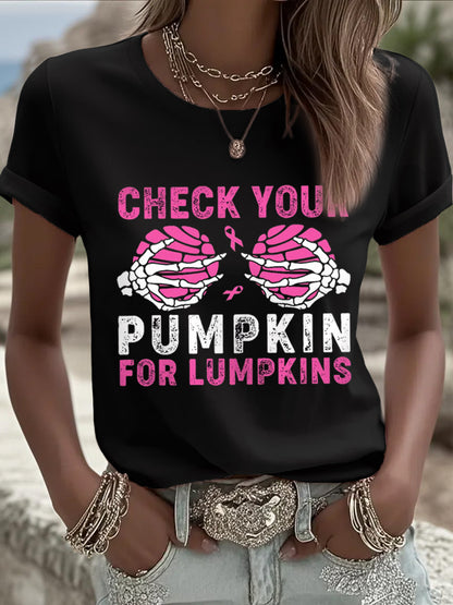 Mulheres Verifique suas abóboras para lumpkins Halloween mama câncer consciência Tee