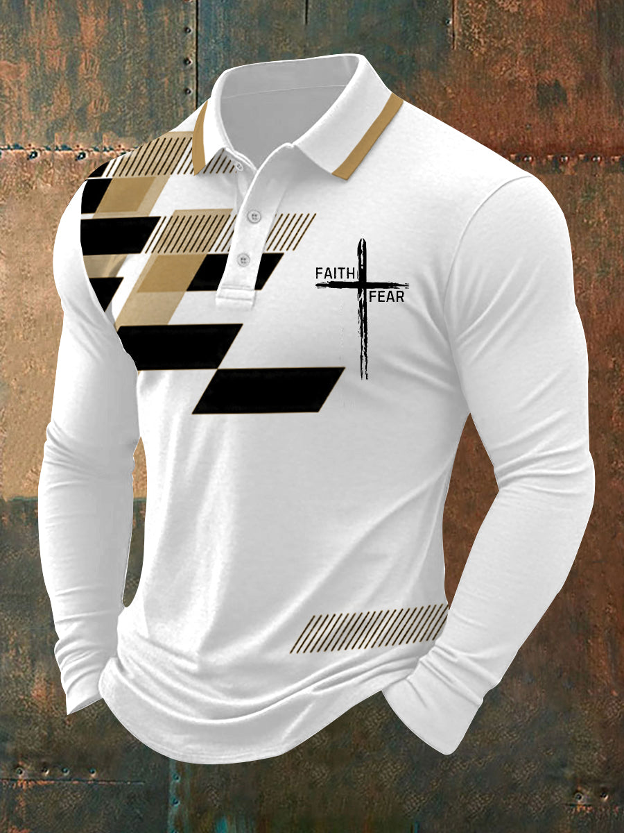 Fé dos homens sobre o medo Cruz Fé Geométrica Impressão Casual Polo de Manga Longa