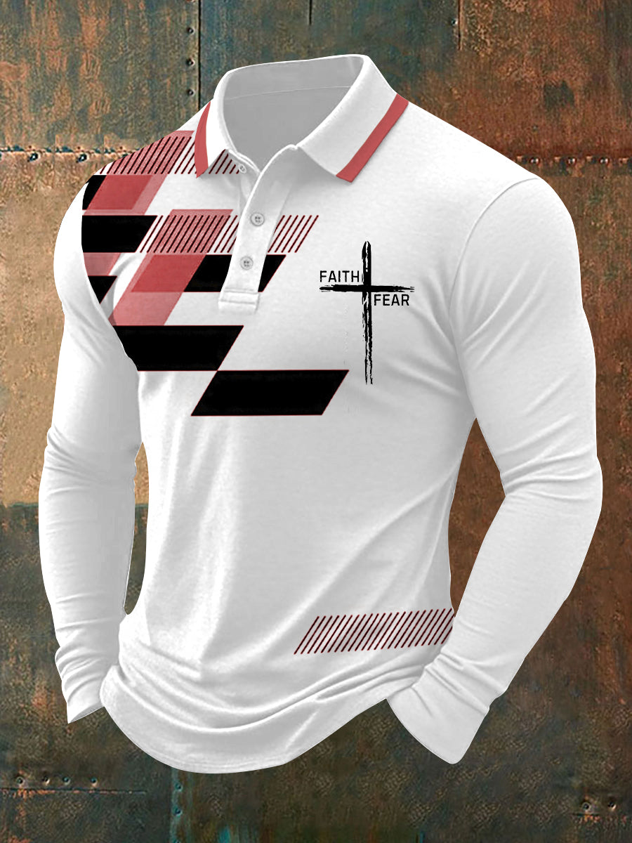Fé dos homens sobre o medo Cruz Fé Geométrica Impressão Casual Polo de Manga Longa