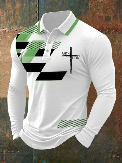 Fé dos homens sobre o medo Cruz Fé Geométrica Impressão Casual Polo de Manga Longa