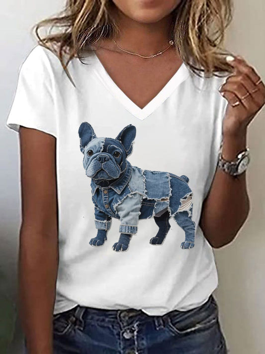 Patchwork Art V-Neck T-shirt do Bulldog do mulheres