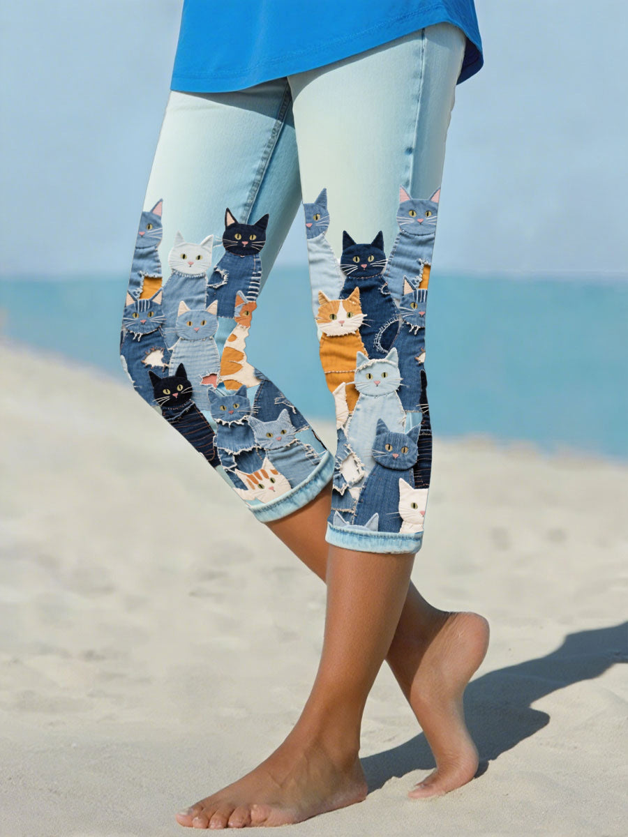Leggings de gato jeans feminino cortadas