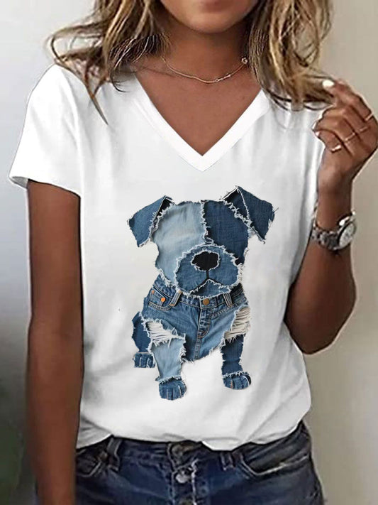 Cão bonito padrão Patchwork Art v-Neck t-shirt feminino