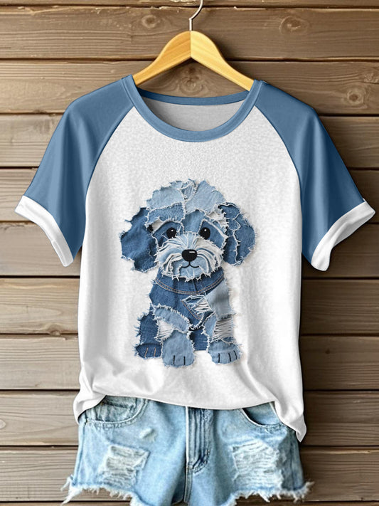 Cão bonito padrão Patchwork arte t-shirt do mulheres