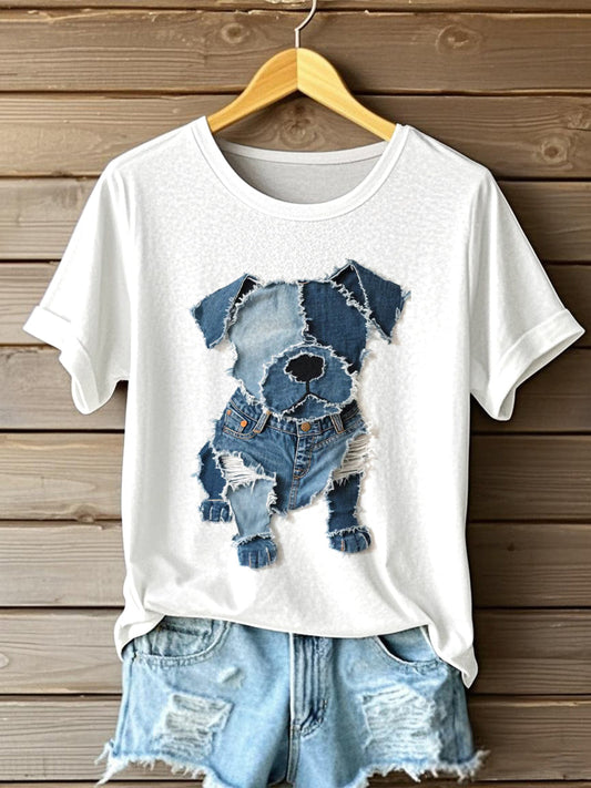 Padrão de cão Denim Patchwork Art t-shirt feminino