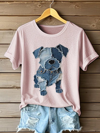 Padrão de cão Denim Patchwork Art t-shirt feminino