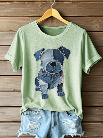 Padrão de cão Denim Patchwork Art t-shirt feminino