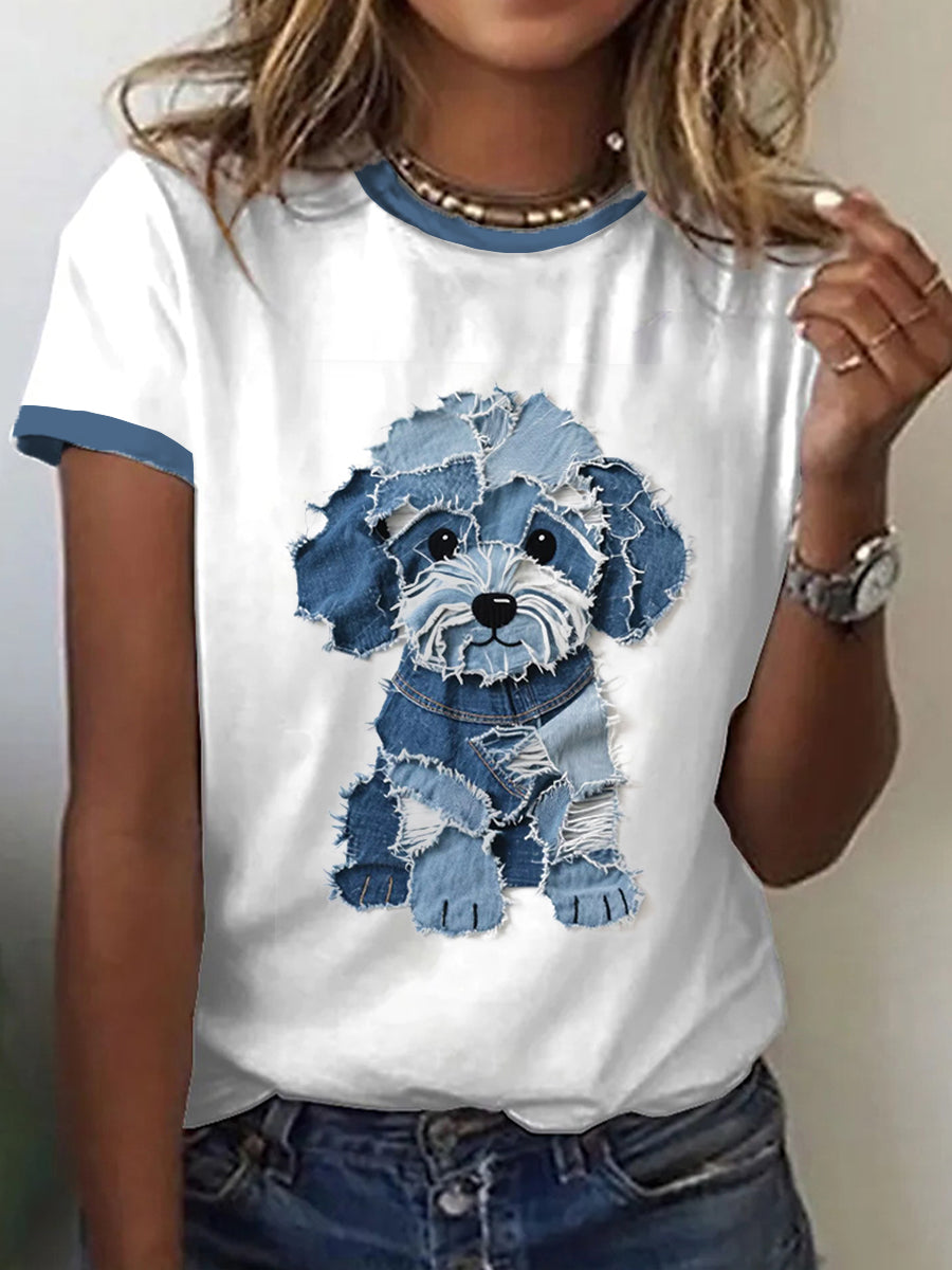 Cão bonito Denim Patchwork Art t-shirt das mulheres