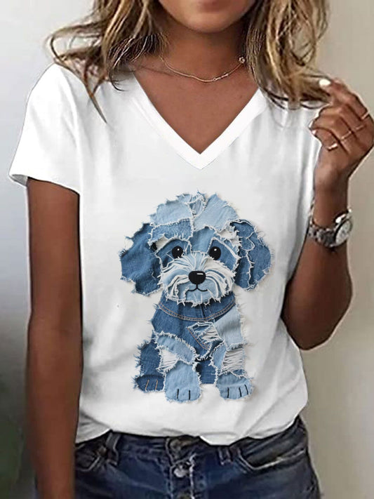 Cachorro bonito Patchwork Art v-Neck t-shirt feminino