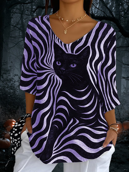 Listras de gato preto feminino Casual manga comprida Top