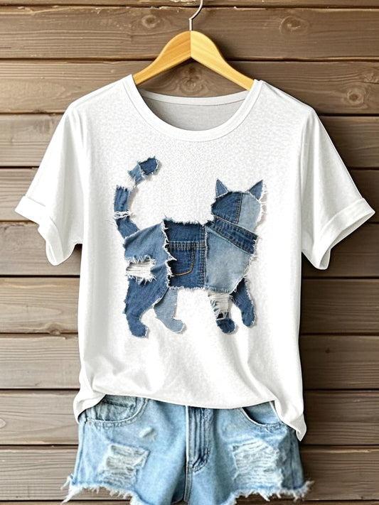 Gato bonito Denim Patchwork arte t-shirt das mulheres