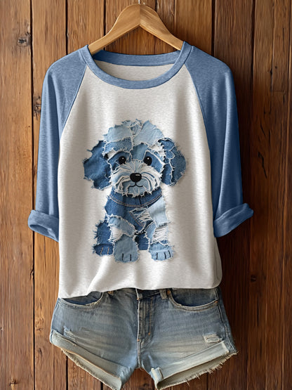 Cachorro bonito das mulheres Patchwork arte manga comprida T-Shirto