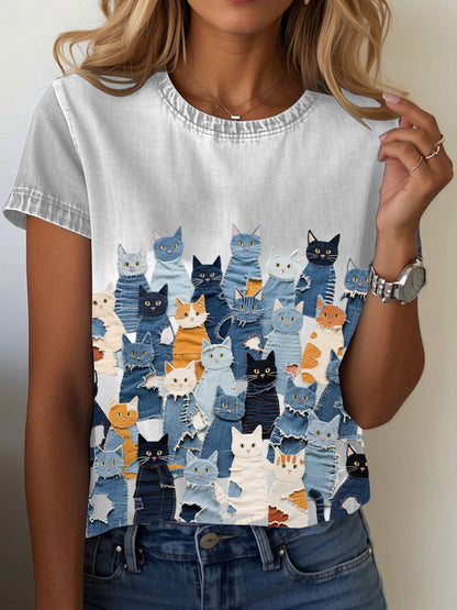 T-shirt feminina do gato da impressão do denim