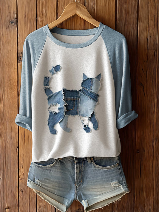 Gato bonito patchwork arte manga longa t-shirt feminino