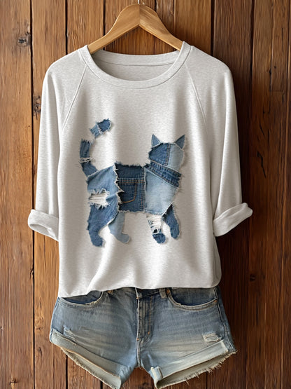 Gato bonito patchwork arte manga longa t-shirt feminino