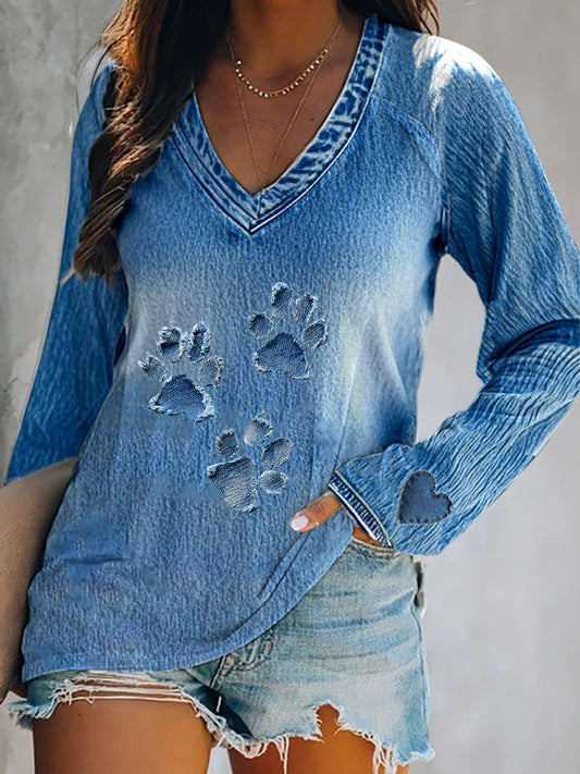 Camiseta de manga comprida Denim Paw feminina
