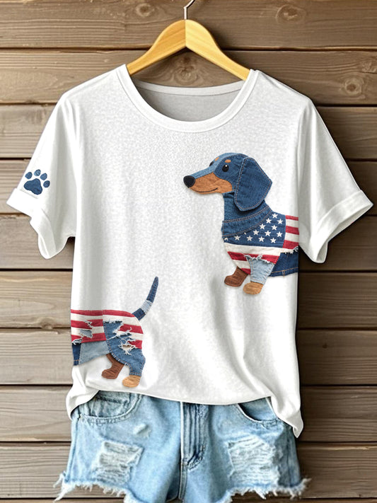 Dia da independência das mulheres Inspirado Dachshund Patchwork Art T-shirt