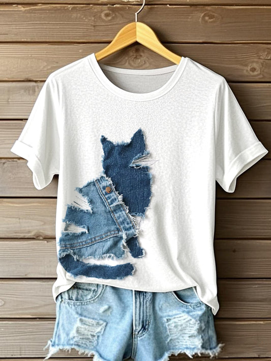 Gato bonito Denim Patchwork arte t-shirt das mulheres