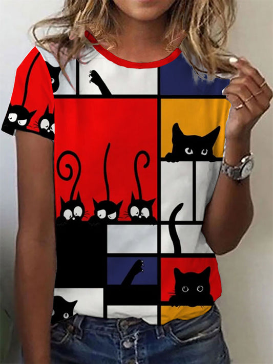 T-shirt impressão arte linha gato feminino