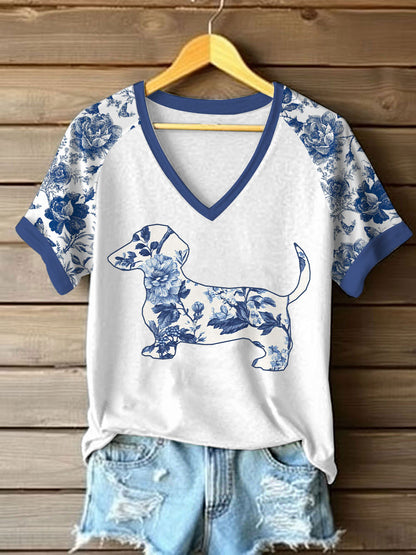 Dachshund Floral Print T-shirt das mulheres