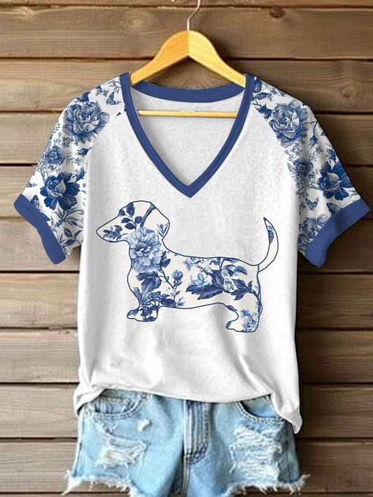 Dachshund Floral Print T-shirt das mulheres