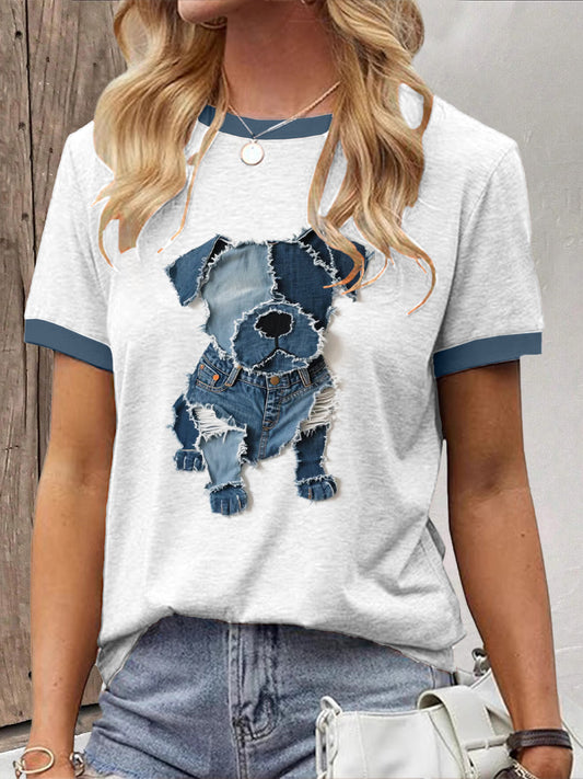 Cão bonito Denim Patchwork Art t-shirt das mulheres