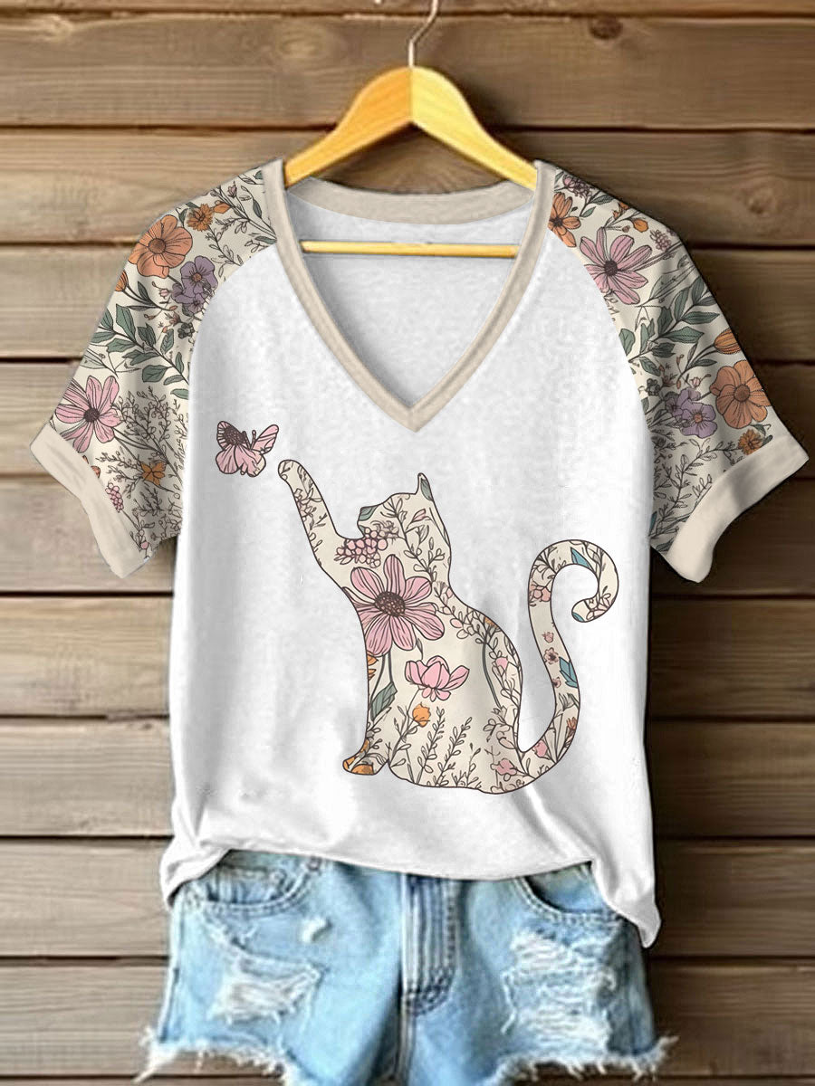 Camiseta Casual do gato das flores silvestres das mulheres