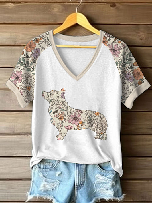 Camiseta Casual impressa das mulheres Wildflowers Corgi
