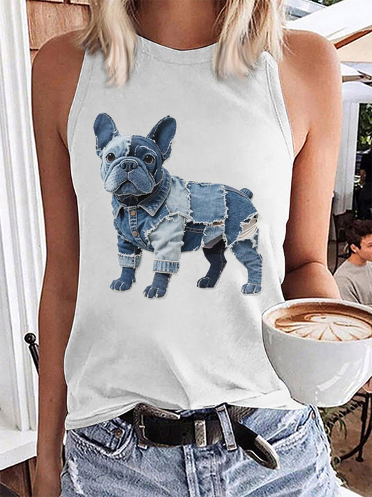 Bulldog padrão Patchwork arte Tank Top das mulheres