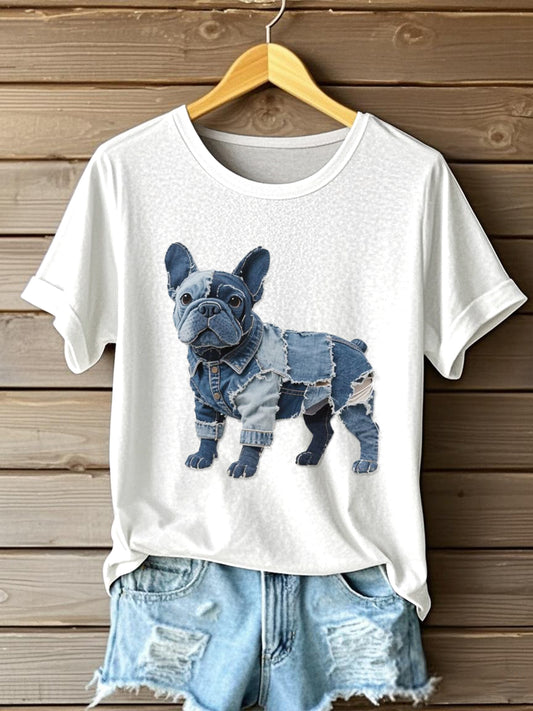 Camiseta de manga curta Bulldog Patchwork Art feminino