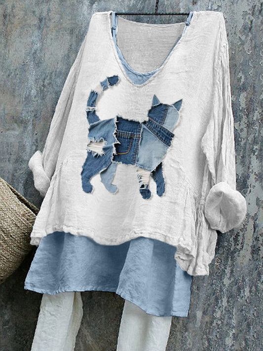 Gato bonito Patchwork arte linho camisa das mulheres