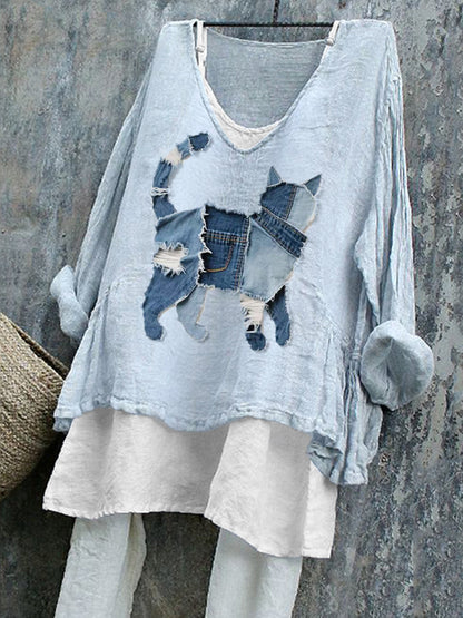 Gato bonito Patchwork arte linho camisa das mulheres