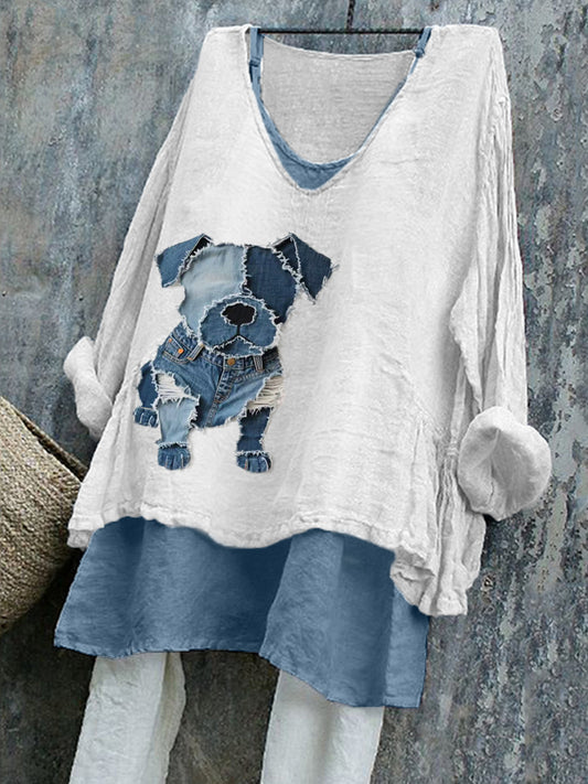 Cão bonito padrão Patchwork Art linho camisa do mulheres