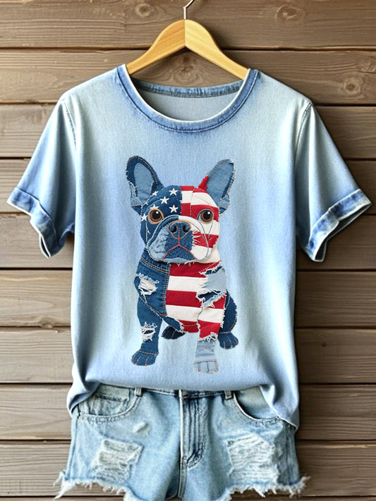 Dia da Independência das Mulheres Buldogue Francês Patchwork Art Tee