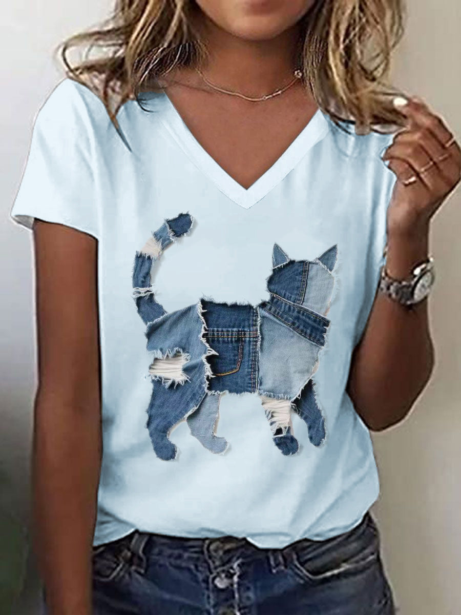 Gato bonito padrão Patchwork arte v-Neck t-shirt feminino