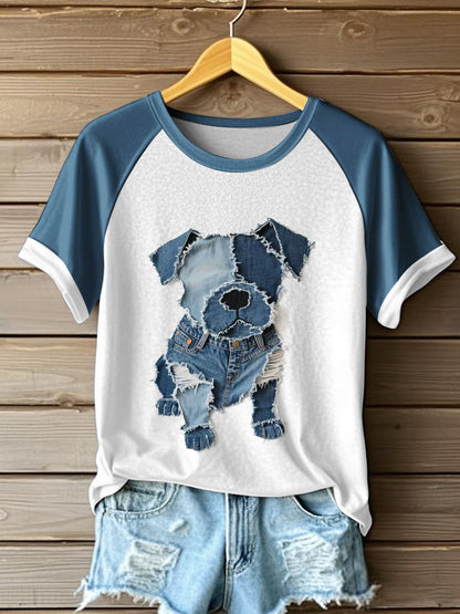 Cão bonito padrão Patchwork arte t-shirt do mulheres