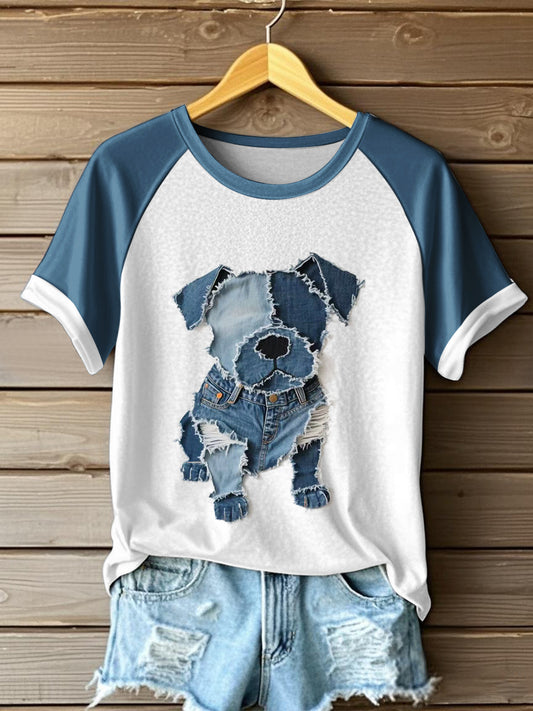 Cão bonito padrão Patchwork arte t-shirt do mulheres