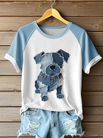 Cão bonito padrão Patchwork arte t-shirt do mulheres