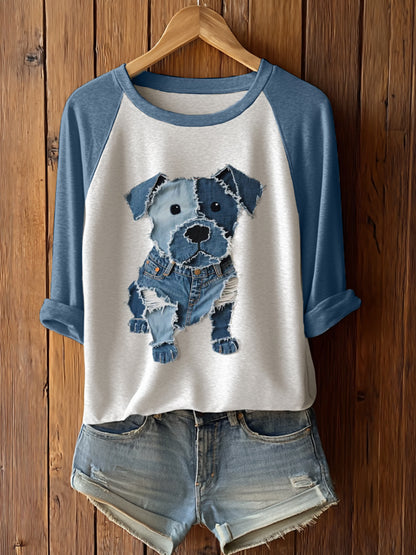 Cachorro bonito patchwork arte manga longa t-shirt feminino