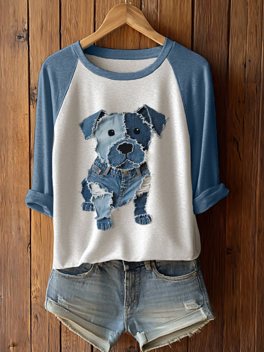 Cachorro bonito patchwork arte manga longa t-shirt feminino