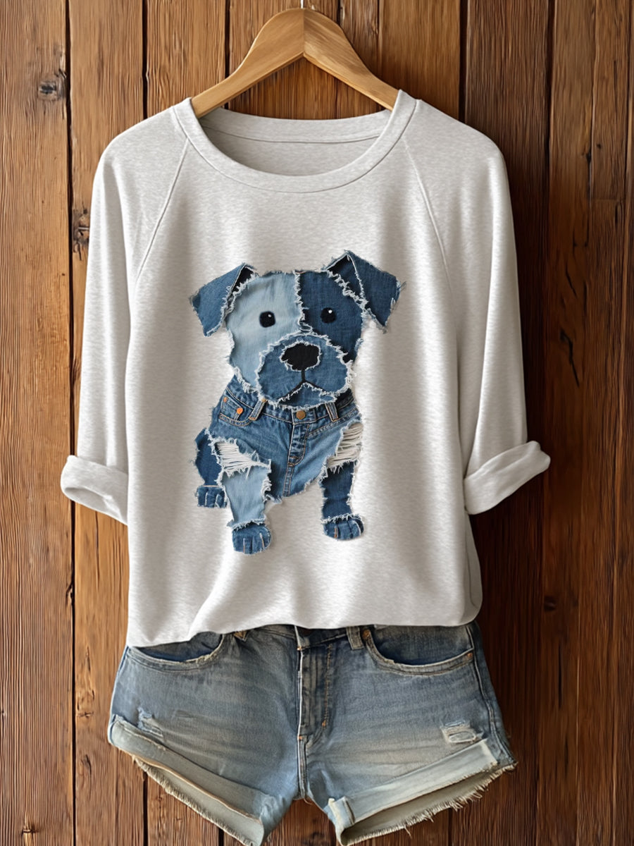 Cachorro bonito patchwork arte manga longa t-shirt feminino