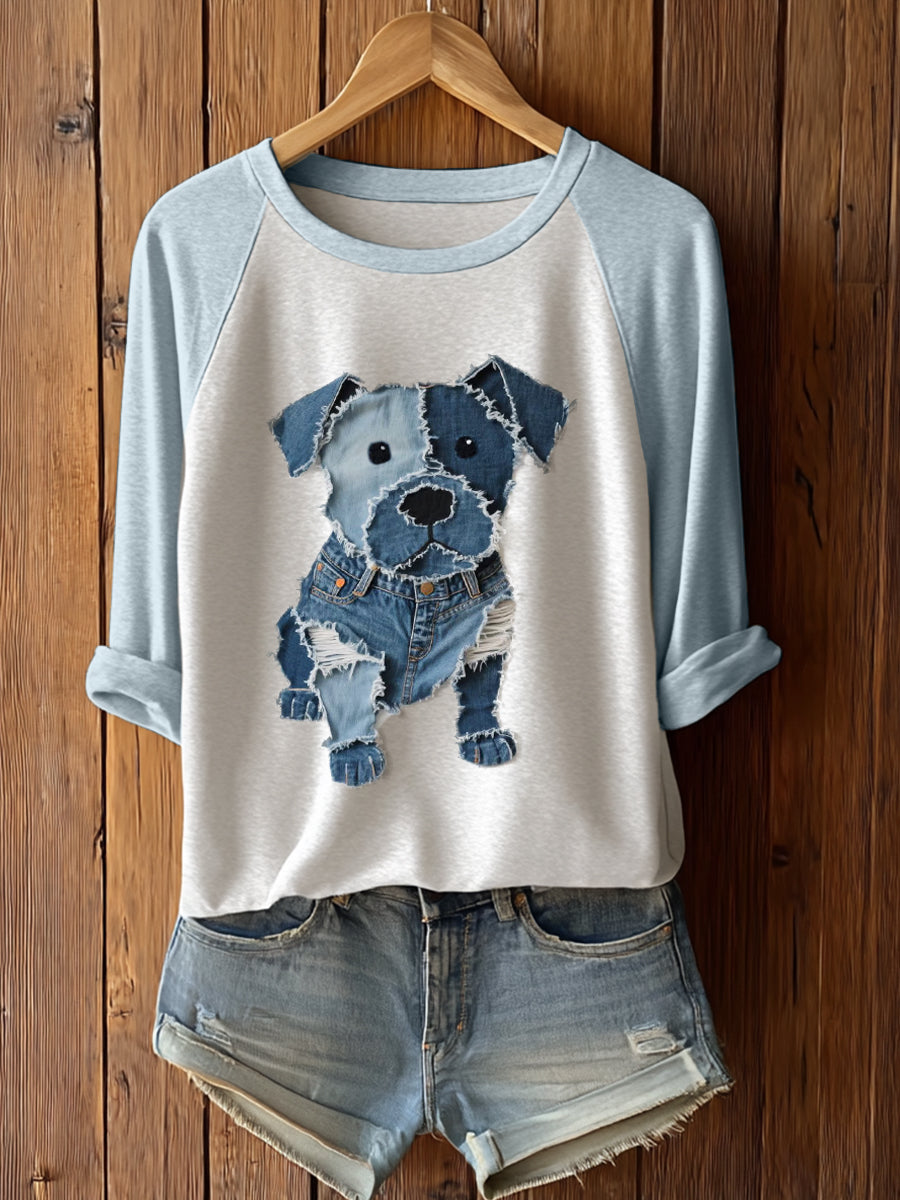Cachorro bonito patchwork arte manga longa t-shirt feminino