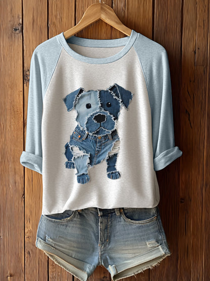 Cachorro bonito patchwork arte manga longa t-shirt feminino