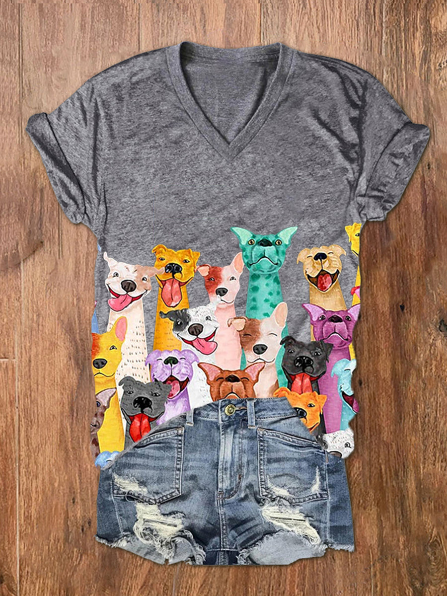 Cães coloridos de mulher imprimem camiseta de manga curta