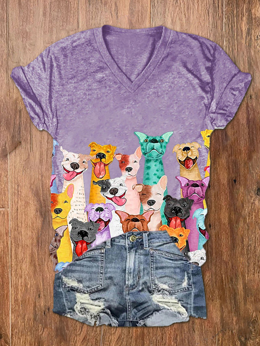 Cães coloridos de mulher imprimem camiseta de manga curta