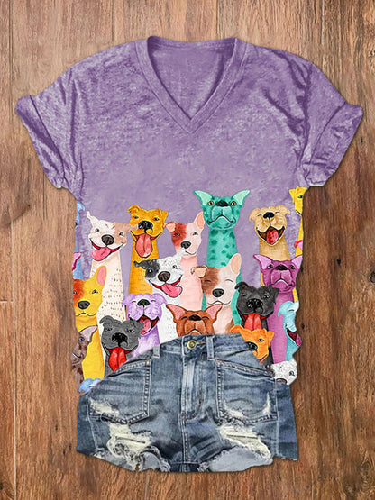 Cães coloridos de mulher imprimem camiseta de manga curta