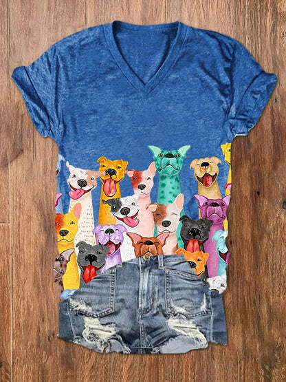 Cães coloridos de mulher imprimem camiseta de manga curta