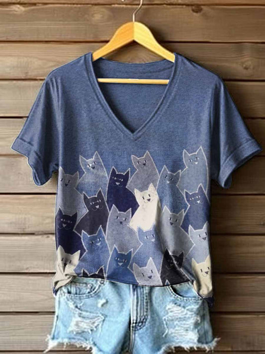 T-shirt bonito do gato Patchwork v-Neck das mulheres